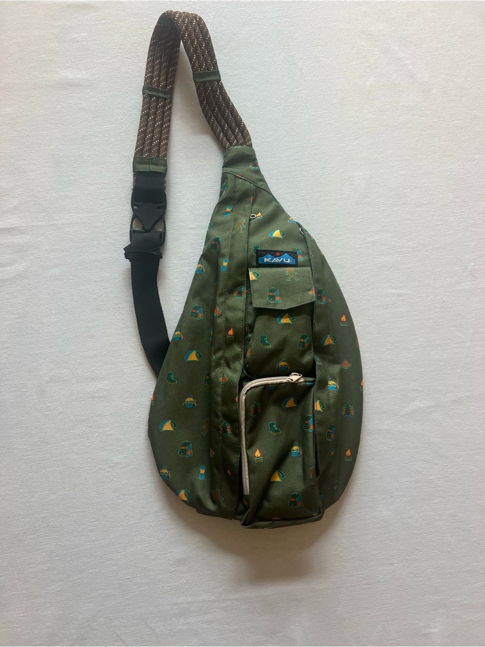 Kavu Olive Green Sling Bag with Multi-Color Camper & Tent Print